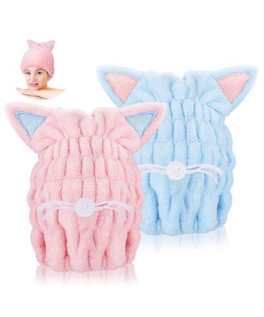 Num-one 2 pieces Ultra soft absorbent towels to dry microfiber quickly drying sweet kitten ears hat bathing cap for women adults or children girls (blue and pink)
