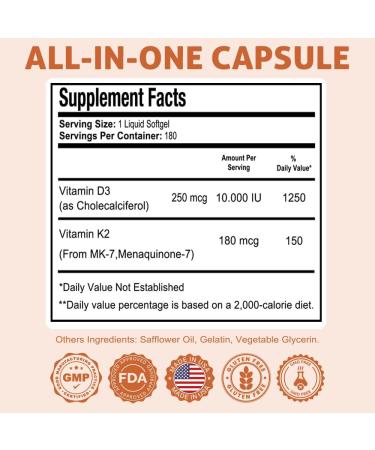 Health Dose Vitamin D3 10 000 IU + K2 (MK7) Supplement 2-in-1 Formula Immune Support a Healthy Mood Heart Joint Teeth Bone Health Calcium Absorption 180 softgels. (1) - Buy Online on GoSupps.com