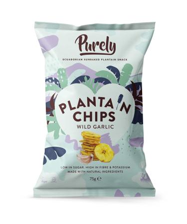 Purely Purely 8 Pack Plantain Chips - Wild Garlic - 75g - Low Calorie Plantain Crisps - Vegan Gluten Free Nutritious & All-Natural - Healthy Alternative