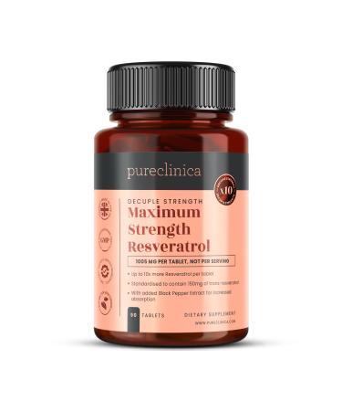 pureclinica 1000mg Resveratrol x 90 Tablets (3 Months Supply). 10 x Strength with Black Pepper Extract for Faster Absorption 90 Count (Pack of 1)