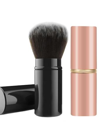 Falliny 2 Pack Retractable Kabuki Makeup Brush, Travel Face Blush Brush, Portable Powder Brush with Cover for Blush, Bronzer, Buffing, Flawless Powder Cosmetics Black&Rose Gold