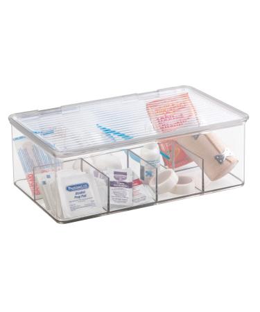 mDesign Plastic First Aid Kit Storage Box with Clear Top Lid for Bathroom  Kitchen  Cabinet  Closet  Drawer - Organizes Medicine  Ointments  Adhesive Bandages  Dental  8 Divided Sections - Clear