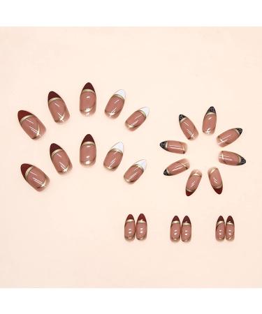 Almond French Tip Fake Nails with Gold Foil Leopard Designs - Glossy Acrylic False Nails for Women - DIY Brown Gold White - Glue On - Buy Online on GoSupps.com