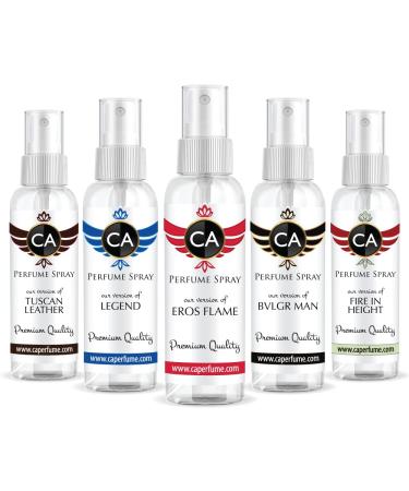 CA Perfume Best Fall Men Set Impression of (Eros Flame + Bvl. Man + Legend + Fire In Height + Tuscan Leather) Fragrance Sample Travel Size Parfum Sprayer (2 Fl Oz/60 ml) x 5