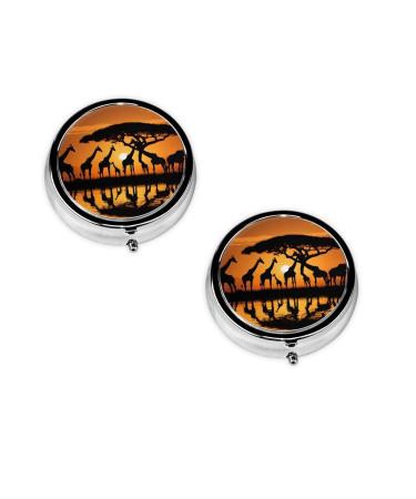 Africa Giraffe Majestic Tree Printed Mini Round Pill Box Pill Box 3 Compartment Medicine Pill Case Pill Organizer Travel Pillbox Portable Pill Box for Pocket Home Office Use