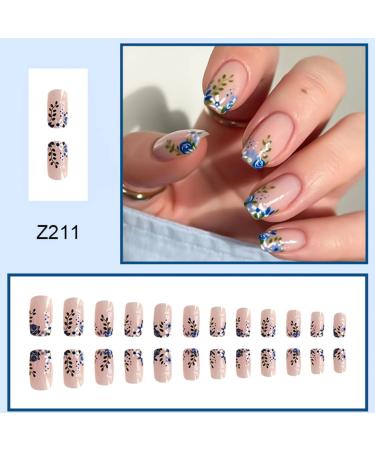 Floral Blue Flower Oval Press on Nails - 24Pcs Medium Length False Nails for Women and Girls - Buy Online on GoSupps.com