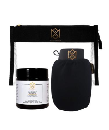 MS Moroccan Black Soap and Exfoliating Glove Kit for Body Scrub - Dead Skin Remover And Deep Pore Cleanser - incl. 1 Moroccan Black Soap (Olive Based)  1 Exfoliating Glove (Kessa mitt) and 1 Toiletry Bag - by MoroccanSou...