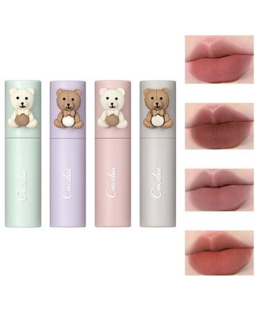 KOMEDO 4PCS Mist Matte Velvet Lipstick  Waterproof Long Lasting Lip Gloss  Non Stick Cup Easy Coloring Liquid Lipstick Cute Bear Beauty Makeup Cute Velvet Face Lip Mud Matte Lip Glaze