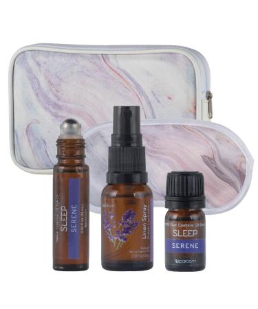SpaRoom Serene Essential Oil Travel Kit with Eye Mask and Bag Linen Spray Essential Oil and Topical Roll-on Pink Marble