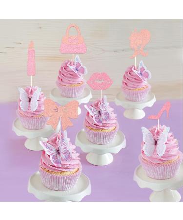 24 PCS Hot Pink Girl Cake Toppers - Glitter Princess Birthday Cupcake Decorations - High Heel Lipstick bowknot Cupcake Picks for Wedding Baby Shower Anniversary Girl Birthday Themed Party Supplies - Buy Online on GoSupps.com