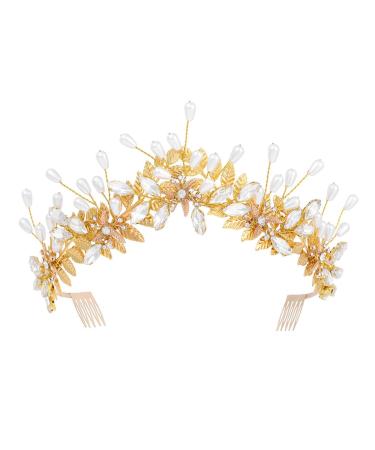IYOU Bridal Wedding Headband Crown Gold Leaf Hair Bands Tiara Pearl Crystal Bridesmaid Bride Hair Accessories for Women