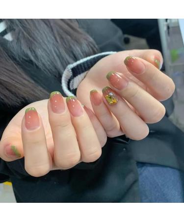 French Tip Press on Nails - Short Round Press On Nails with Nail Tips Green French Freshing Sparkling Diamond Design Glossy Gradient color press on nails Acrylic False Nails Cute Artificial Nails