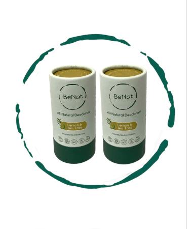 BeNat. 2-Pack. All Natural Deodorant Plastic Free For Women & Men Aluminum Free Gluten Free & Cruelty Free 24 Hour Long Lasting Protection Zero Waste Eco Friendly Lemon & Tea Tree 3 oz. 2-Pack. Lemon & Tea Tree