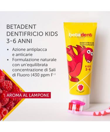  BETADENT Betadent Kit 3 Children's Toothpaste for Children 3-6 Years Raspberry Flavour Anti-Plaque and Anti-Decay Balanced Dosage of Fluorine Salts at a Concentration of 430 ppm F. 3 x 75 ml - Buy Online on GoSupps.com
