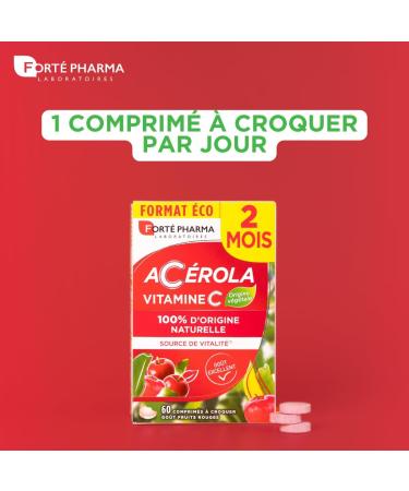 Fort Pharma - Acerola - Vitamine C Naturelle Croquer - Compl ment Alimentaire Vitalit - Anti fatigue Syst me immunitaire renforc - 2x2 mois - 120 comprim s 1/jour - go t fruits rouges Ac rola Vitamine C croquer 4 mois - Buy Online on GoSupps.com