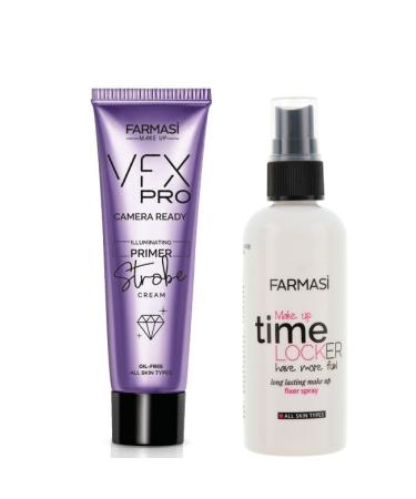 Farmasi Makeup Set VFX Pro Illuminating Primer 1 fl oz Time Locker Setting Spray 3.9 Fl Oz - New Serie