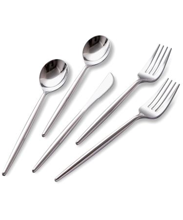 SUT 150Pcs Silver Plastic Silverware, Silver Plastic Cutlery, Heavy Duty Flatware, Plastic Disposable Utensils Include 50 Premium Forks, 50 Plastic Silver Spoons, 50 Fancy Knives for Parties, Weddings