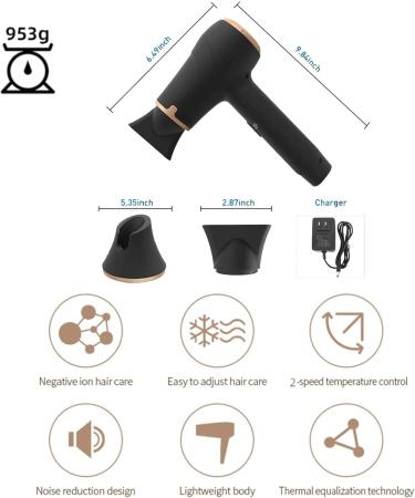 Travel Hairdryer Rechargeable Cordless Hair Dryer with 5000Mah Lithium Battery Cold Hot Settings and 1 Nozzle for Home Salon Travel - Buy Online on GoSupps.com