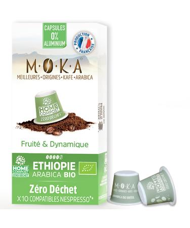 MOKA 10 Capsules 100% Pure Organic Ethiopian Arabica - Compatible with Nespresso Capsule Machines - Intensity 8 - Biodegradable and Home Compost - Espresso and Lungo - Roasted in France