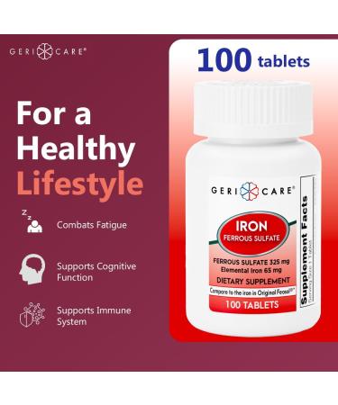 GeriCare Ferrous Sulfate Tablets 325mg, Elemental Iron 65 mg High Potency Iron Supplement | Dietary Supplement 100 Count. (Pack of 1) 100 Count (Pack of 1) - Buy Online on GoSupps.com
