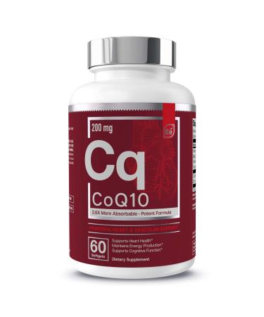 CoQ10 Heart, Brain, and Vascular Support | 200 mg Comprehensive, Patented Formula - Essential Elements | 2.6 Times Higher Absorption - 60 Softgels, 2 Month Supply 60 Count (Pack of 1)
