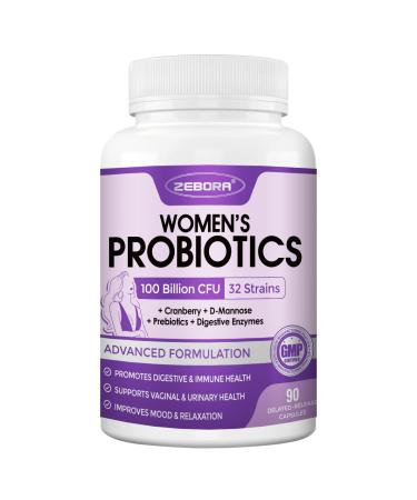 ZEBORA Probiotics for Women Digestive Health with Enzymes & Prebiotics 100 Billion CFUs| Vaginal Probiotics with D Mannose & Cranberry | Urinary Tract Health | Immune Support 90 Capsules