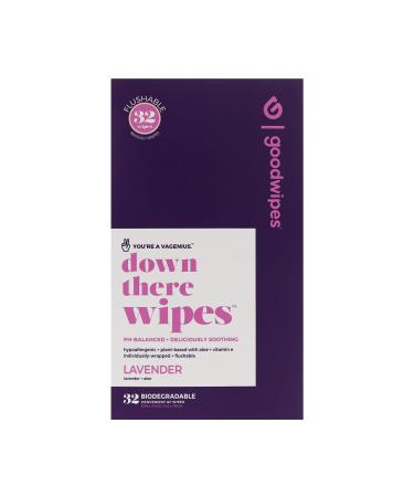 Goodwipes Flushable Down There Feminine Hygiene Wipes, Lavender Scent, Individually Wrapped, Perfect for Travel, Flushable, PH Balanced and Hypoallergenic (32 Individually Wrapped Wipes) 32 Count (Pack of 1)
