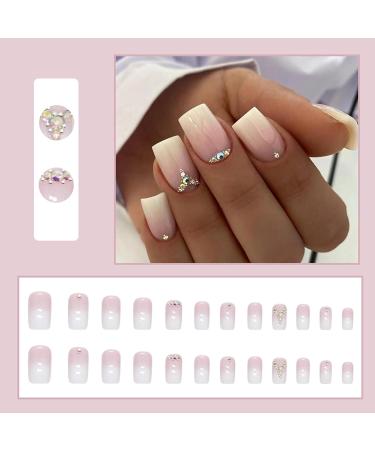 DMQ Square Gradient False Nails with Rhinestones - 24Pc Pink White Press on Nails for Women | Acrylic Stick-on Nails for Girls' Nails Art - Buy Online on GoSupps.com