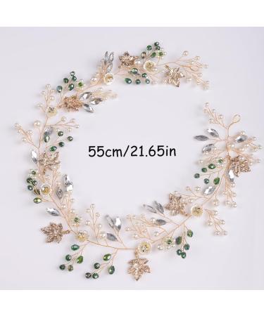 Chargances Handmade Green Rhinestone Headband Floral Gold Leaf Hair Vine Wedding Crystal Long Hair Piece Tiara Bridal Hair Accessories for Women and Girls - Buy Online on GoSupps.com