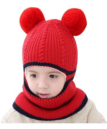 crazy bean Kids Girls Boys Winter Warm Hat Windproof Hat and Scarf 3-in-1 Toddler Knitted Beanie Hat One Size Red