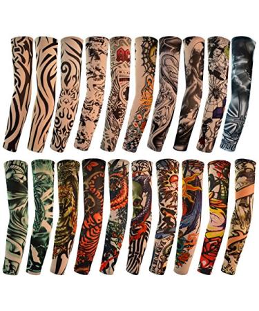 HOVEOX 20pcs Temporary Tattoo Arm Sleeves Arts Fake Slip on Arm Sunscreen Sleeves Body Art Stockings Protector -Designs Tribal, Tiger, Dragon, Skull, and Etc Unisex Stretchable Cosplay Accessories