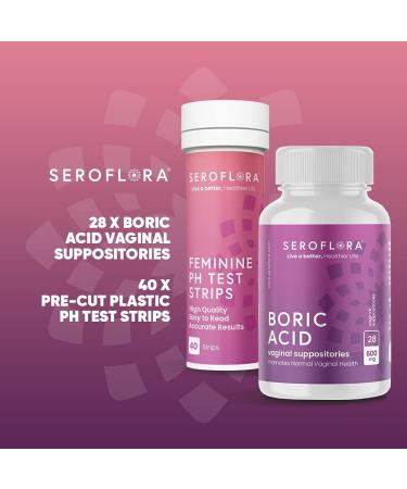 Seroflora Boric Acid Vaginal Suppositories 600mg (28ct) + 40 pH Test Strips - Promotes Vaginal Odor Control for Women - Buy Online on GoSupps.com