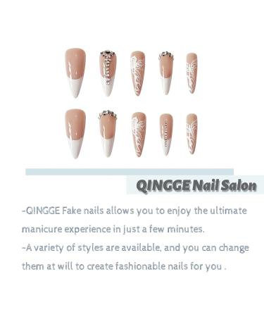 QINGGE Stiletto Press on Nails - French White Flower Design with Rhinestones - Medium Size False Nails for Women - Buy Online on GoSupps.com