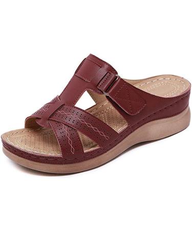 Women's peep-toe sandals made of synthetic leather with a medium-high wedge heel slip-on-on-maker for women light soft convenient summer sandals (Burgundy red 35 EU) Burgundy 35 EU