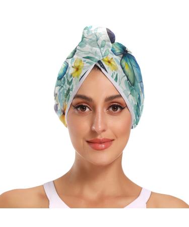 Flowers Butterfly Hair Towel 2 Pack Super Absorbent Hair Drying Towel Quick Dry Hair Turbans Head Towel with Button Twisty Wrap for Women Girls