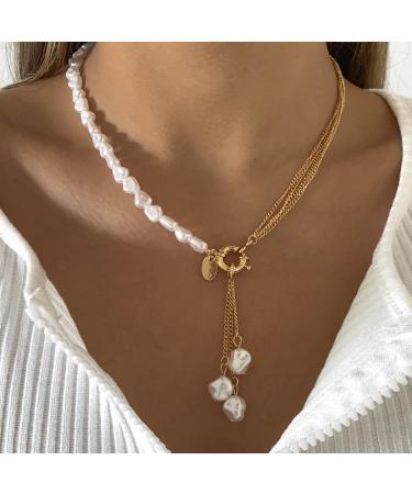 Jumwrit Pearl Necklace Layered Necklace Tiny Chain Necklace Pearl Pendant Necklace Gold Disc Necklace Vintage Costume Accessories for Women Girls