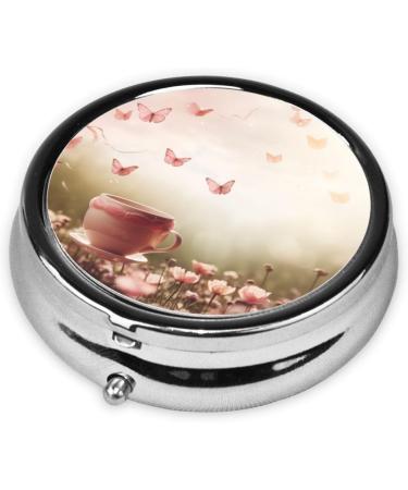 Buy Pink Butterfly Portable Metal Pill Box Round Mini 3-Compartment Travel Case with Hinged Fastening Design - Buy Online on GoSupps.com