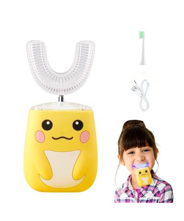 Kids Electric Toothbrush, U Shaped Ultrasonic Automatic Tooth Brush,Toothbrush with 2 Brush Heads,Six Cleaning Modes,IPX7 Waterproof,Cartoon Modeling Design for Toddler Children, Age 8-15 Yellow 8-15 Year old (Kids) Yellow