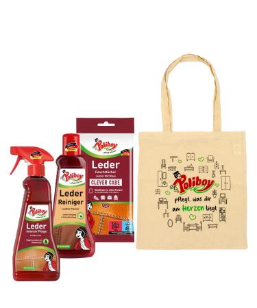 Poliboy - 4 -part leather intensive care set - 1x leather intensive care (375 ml) - 1x leather cleaner (200 ml) and 1x leather care wet wipes (20 pieces) - with bag