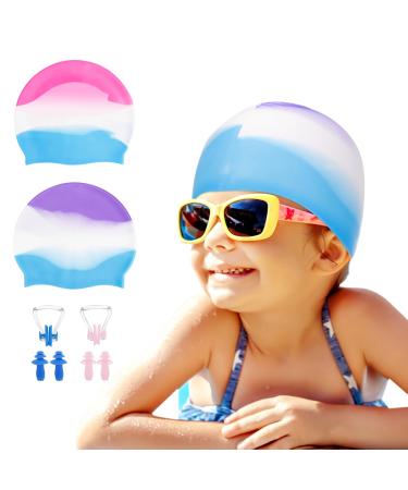 Partideal 2 pieces children bath cap silicone swimming hood with earplugs nose clip waterproof swimming cap stretchy & comfortable bath hood for 5-12 years girl boys long/short hair