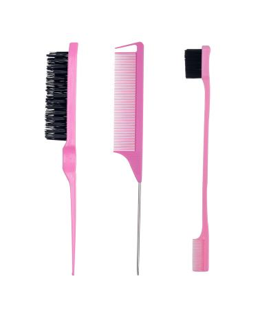 3 Pieces Hair Styling Comb Set Teasing Hair Brush Rat Tail Comb Edge Brush for Edge&Back Brushing, Combing, Slicking Hair for Women (Pink)