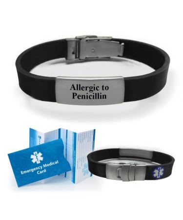 "ALLERGIC TO PENICILLIN" Sport/Slim Reversible Medical Alert ID Bracelet for Men and Women Black