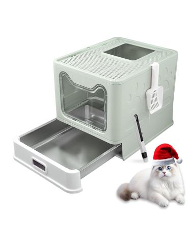 Large Enclosed Cat Litter Box Top Entry Stainless Steel Litter Box Tray with Lid Foldable Covered Toilet Drawer Type Cat Litter Tray Easy Cleaning Kitty Litter Box for Big Cat Anti-Leakage Blue Blue Large