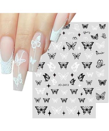 6 Sheets Butterfly Nail Stickers Decals Self-Adhesive Black White Butterflies Nail Art Stickers Nail Art Supplies Designs Kit for DIY Nail Tips Decoration - Buy Online on GoSupps.com