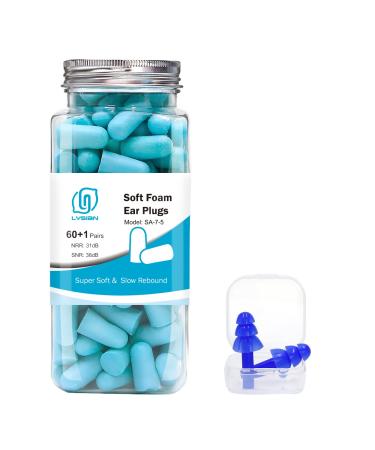 Lysian Ultra Soft Foam Earplugs 60 Pairs, 38dB SNR Ear Plugs for Sleeping, Travel, Shooting (Lake Blue)