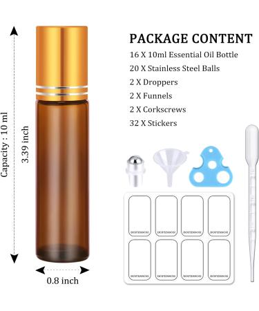 Bofessor 10ml Amber Glass Roller Bottles - Set of 16 with Stainless Steel Roller Ball, Pipettes, Plastic Funnel & Stickers - Refillable Container for Perfume - Buy Online on GoSupps.com
