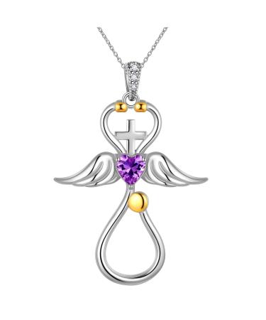Cute Cat Necklace with Sparkling Zirconia Crystal Birthstone Pendant Necklace for Girls Womens White Gold Over 925 Sterling Silver Animal Necklace Birthstone Jewelry Sweet Present Girlfriend Sisters B Amethyst Pendant