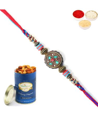 Ghasitaram Gifts Rakhi for Brother Rakhis Online - L-5 Premium Rakhi with 100 GMS of Dryfruits Mix Can