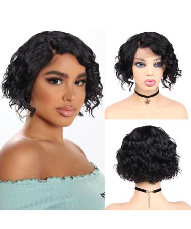WIGER Short Lace Front Wigs Human Hair for Women Short Curly Bob Wig Black Wavy Lace Wig Black Pixie Cut Wig Brazilian Virgin Human Hair Curly Wigs 180% Density Side Part 0 1B Lace Frontal Wig 8