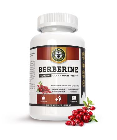 Vitamart Berberine HCL 1200mg Premium Ultra High Purity Pure 60 Capsules - Berberine Supplement Supports Immune System Berberine Plus Enhanced with Bitter Melon Fruit & Banaba Leaf Extract